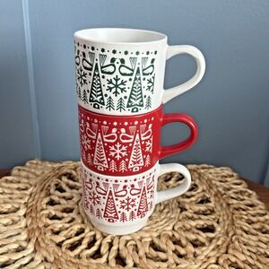 Merry & Bright Stoneware Mugs Set of 3 Nordic Stackable Scandinavian Folk Art